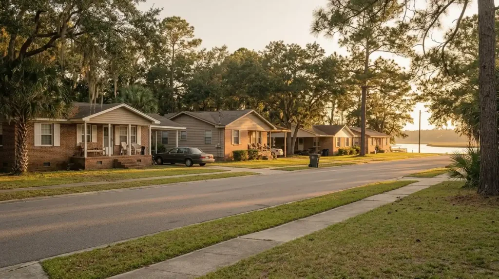 Residential street near Milton in the Florida Panhandle at golden hour
