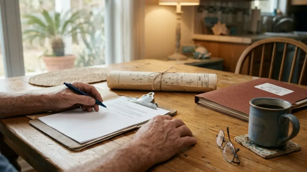 Homeowner reviewing paperwork related to elevation certificate Santa Rosa County Florida in Milton, Florida