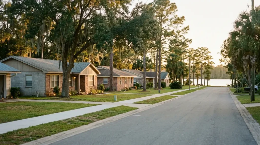 Residential street near Milton in the Florida Panhandle at golden hour