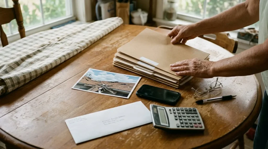 Homeowner organizing disaster assistance paperwork after a hurricane in Milton, Florida