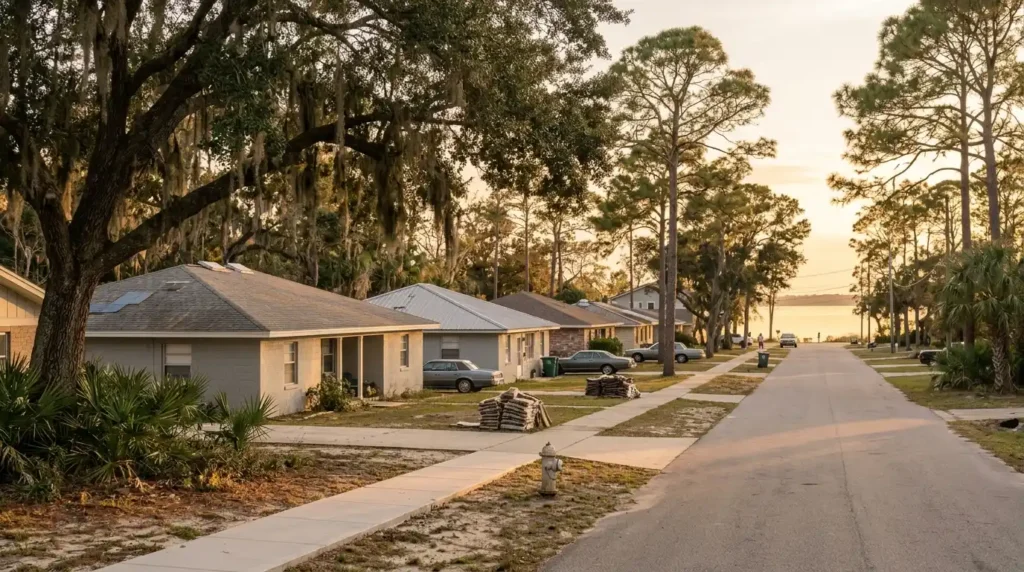 Residential street near Fort Walton Beach in the Florida Panhandle at golden hour