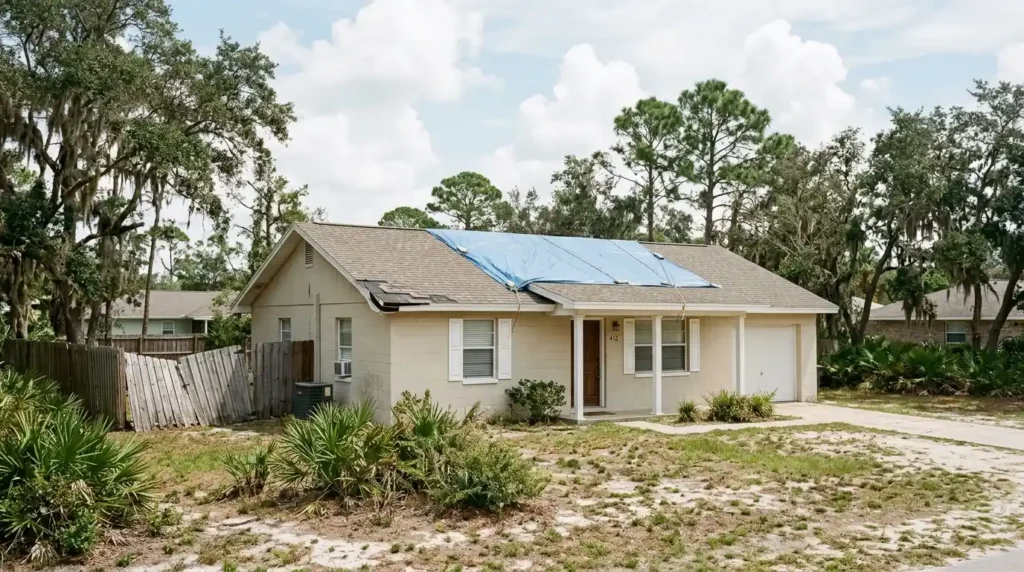 Fort Walton Beach Florida home with a tarped roof after a hurricane