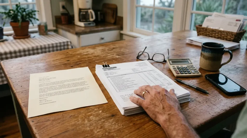 Homeowner comparing an insurance denial letter with a repair estimate in Florida