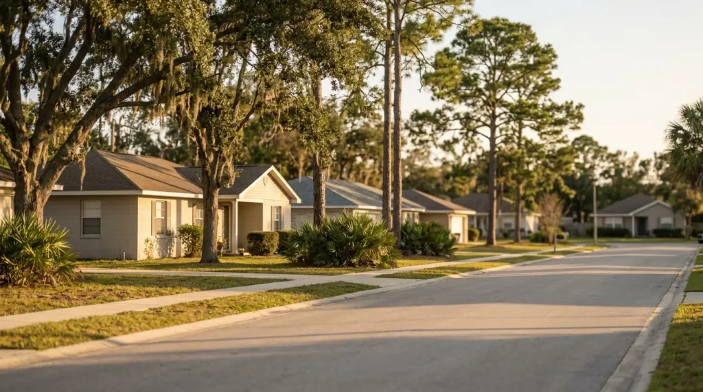 Residential street near Panama City in the Florida Panhandle at golden hour