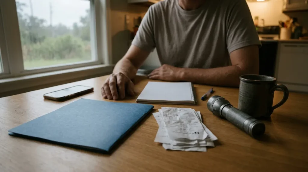 Homeowner reviewing paperwork related to repair or sell after hurricane damage Florida in Panama City, Florida