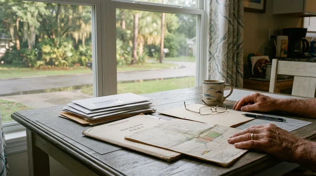 Homeowner reviewing paperwork related to sell house in flood zone AE Florida in Pensacola, Florida