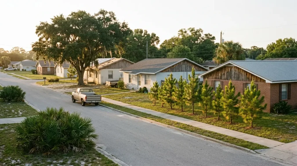 Residential street near Lynn Haven in the Florida Panhandle at golden hour