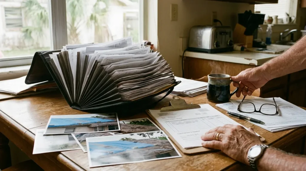 Homeowner reviewing paperwork related to sell storm damaged house Bay County Florida in Lynn Haven, Florida