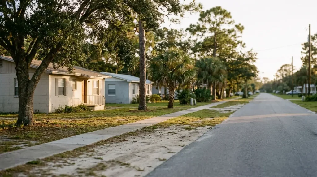 Residential street near Mexico Beach in the Florida Panhandle at golden hour