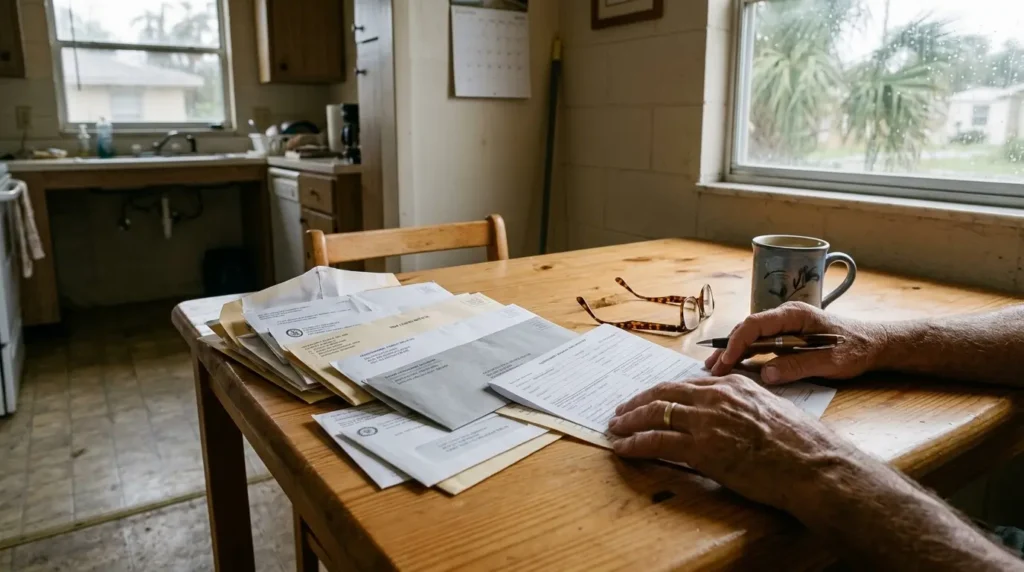 Homeowner reviewing paperwork related to substantial damage letter Florida what to do in Mexico Beach, Florida