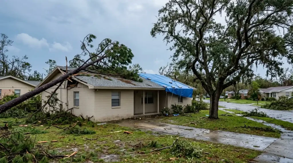 Pensacola Florida home with a fallen tree on the roof after a hurricane