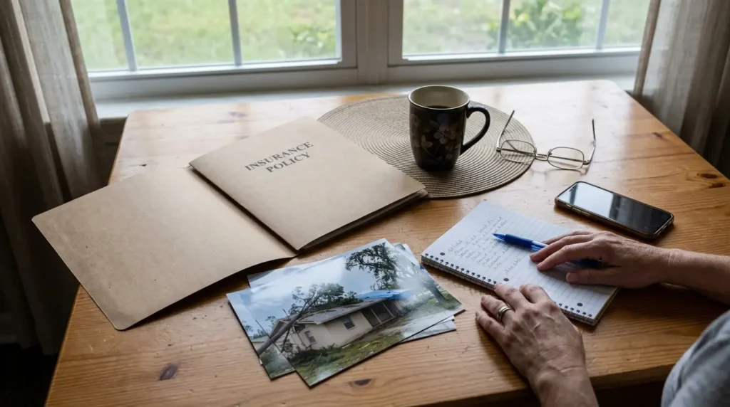 Homeowner reviewing insurance paperwork about a fallen tree in Pensacola, Florida
