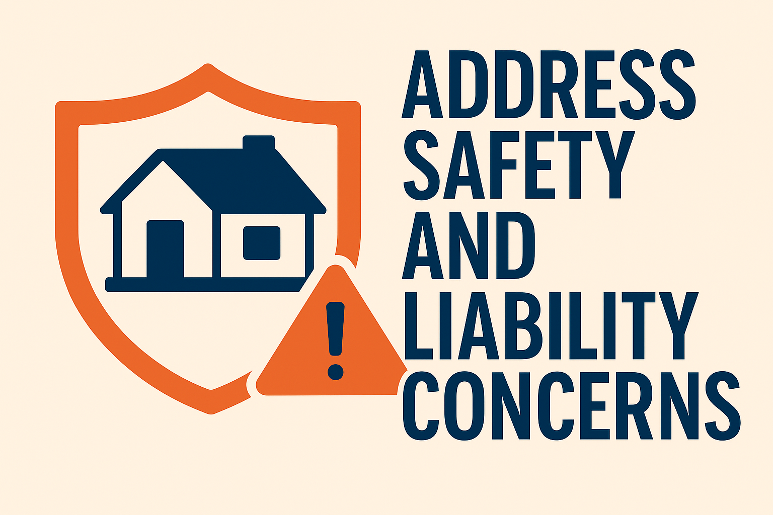 Vector graphic of a vacant house with padlock, caution, and security camera icons symbolizing safety and liability concerns