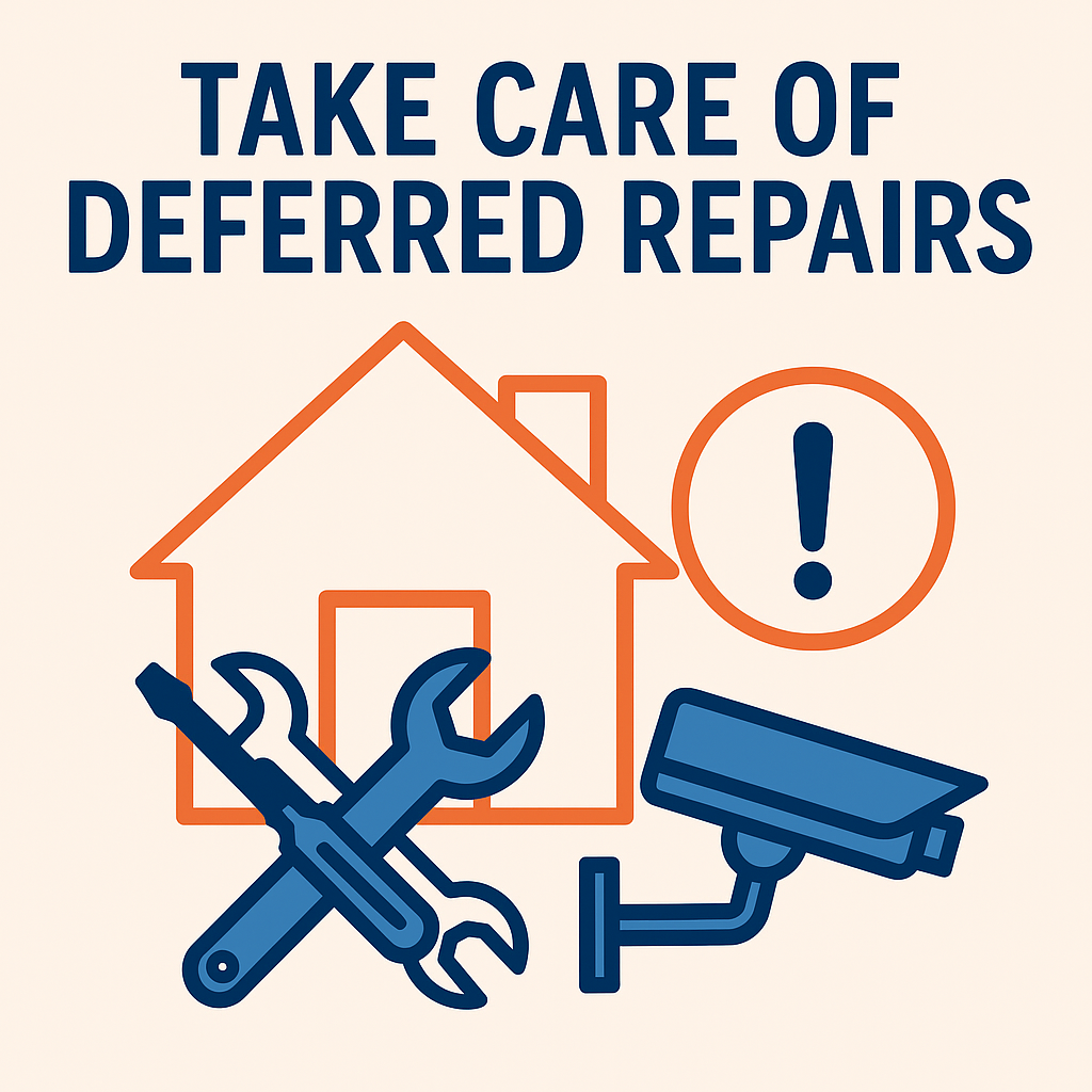 Vector graphic showing a house with repair tools and an exclamation mark symbolizing deferred repairs