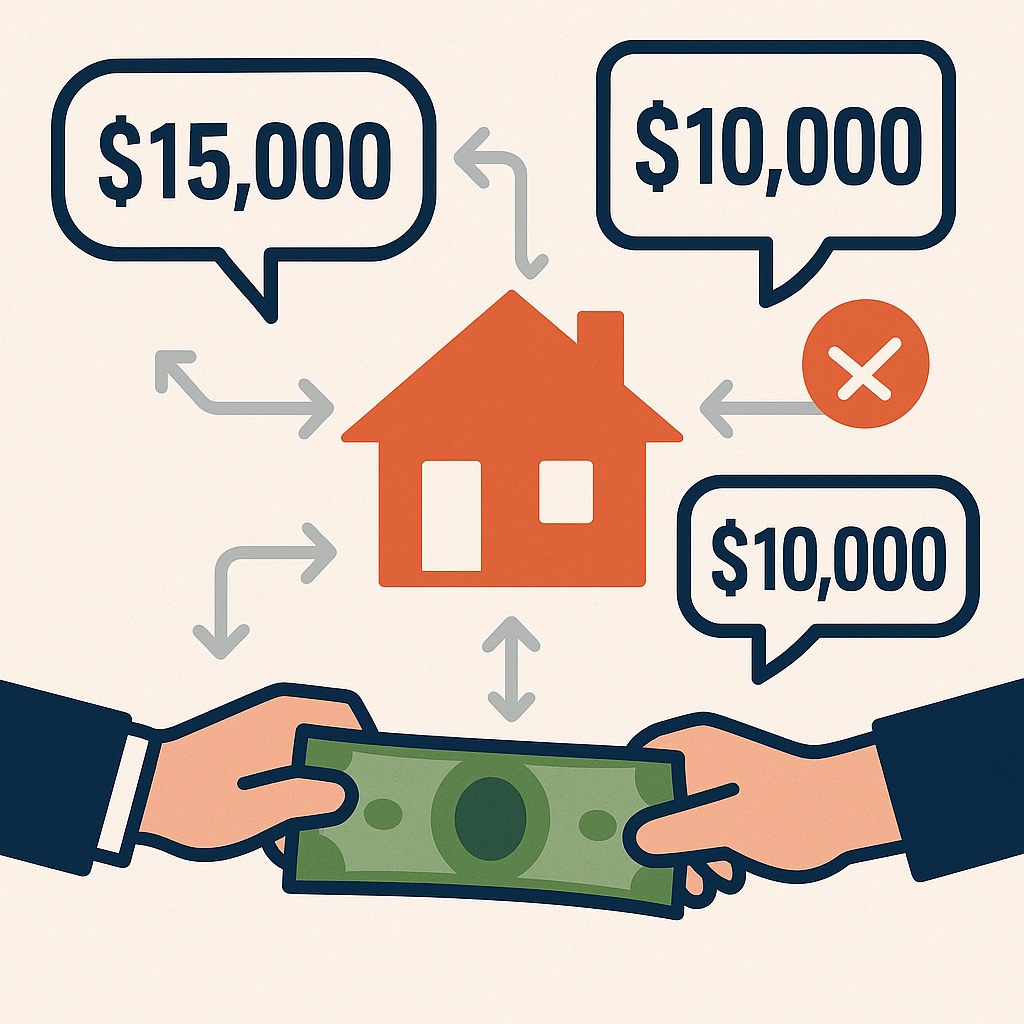 Vector illustration of haggling during a Washington home sale with hands pulling at a dollar sign over a house