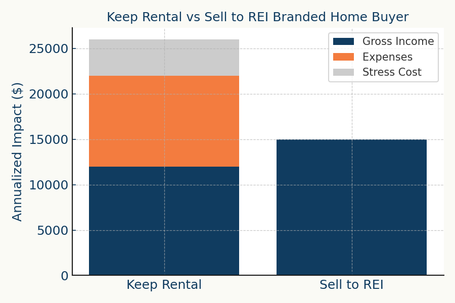 Bar chart comparing annualized financial impact of keeping a vacation rental versus selling to REI Branded Home Buyer
