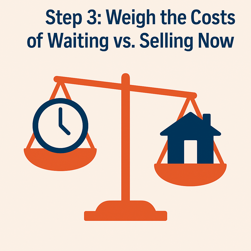 Vector graphic of a balanced scale with a house on one side and a clock on the other symbolizing weighing the costs of waiting versus selling