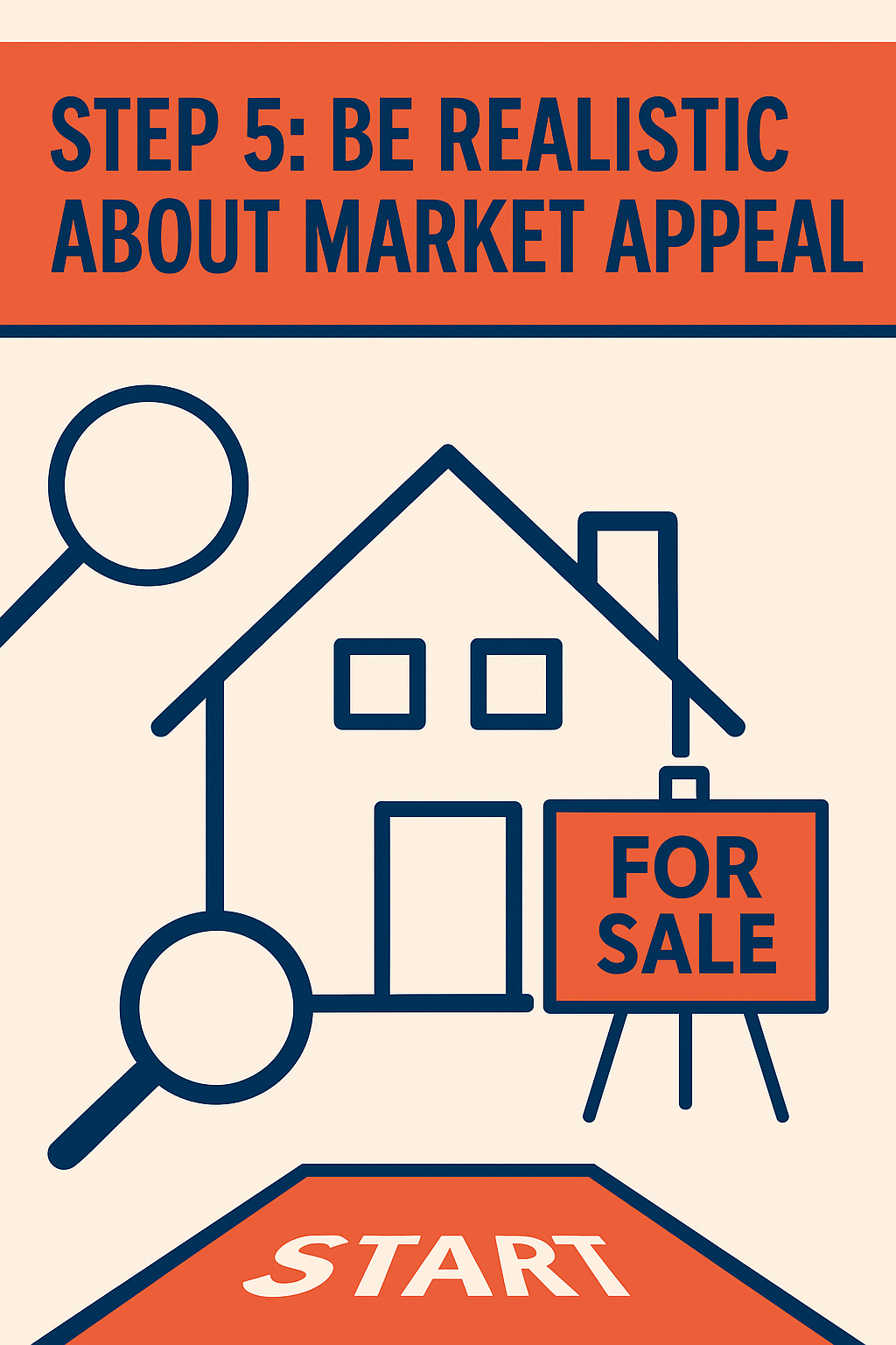 Vector graphic of a house with magnifying glass and For Sale sign symbolizing market appeal