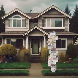 Washington home in distress with overdue mortgage notices on the door