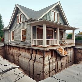 Washington house with visible exterior cracks and sloped sidewalk, indicating foundation damage
