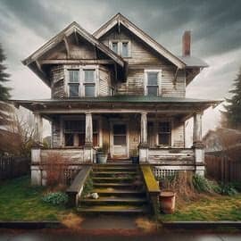 Run-down Washington home with visible exterior damage and worn-out siding