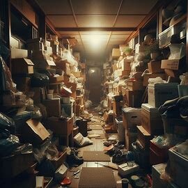 Cluttered home interior in Washington packed with boxes and belongings