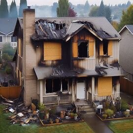 Exterior of a Washington home with visible smoke stains, boarded windows, and a damaged roof