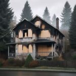 Washington home with visible fire damage, including blackened siding and boarded windows