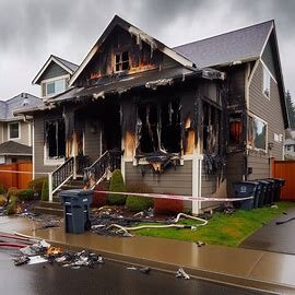 Washington house with visible fire damage and blackened windows, taped off by fire officials
