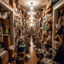 Washington home interior cluttered with boxes, furniture, and household items stacked floor to ceiling