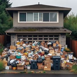 Washington house with overflowing clutter visible through windows and garage