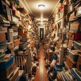 Washington home interior filled with cluttered items, boxes, and trash stacked high