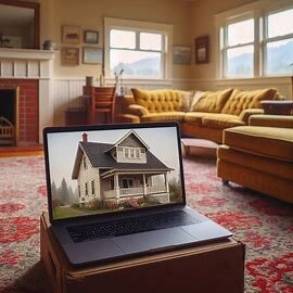 Empty inherited Washington home viewed remotely from a laptop screen