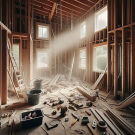 Washington house mid-renovation with exposed framing and tools scattered around