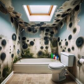 Washington home bathroom with visible black mold on the ceiling and tile walls