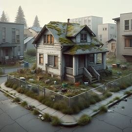 Older Washington home in a rough neighborhood with boarded windows and cracked sidewalk