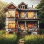 Vacant Washington house with boarded windows and overgrown yard, indicating unauthorized occupancy