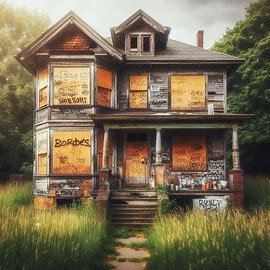 Vacant Washington house with boarded windows and overgrown yard, indicating unauthorized occupancy