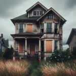 Old abandoned house in Washington with boarded windows and overgrown yard