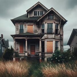 Old abandoned house in Washington with boarded windows and overgrown yard