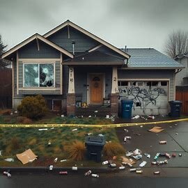 Vandalized Washington home with broken windows and graffiti on the exterior