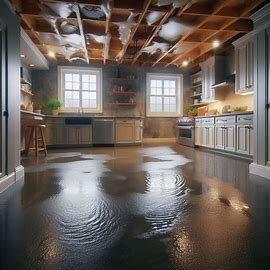 Washington basement with standing water and water-damaged drywall