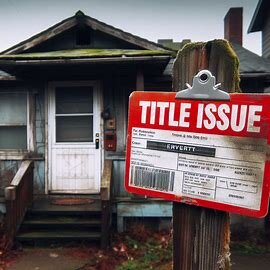 Everett house with a "Pending Title Issue" sign in the front yard, with overgrown grass and worn exterior