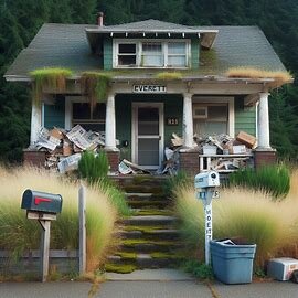 Vacant Everett home with piled-up mail and an overgrown lawn — signs of absentee ownership