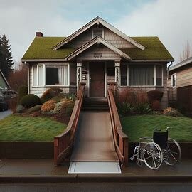 Older Tacoma WA home with wheelchair ramp and overgrown front lawn