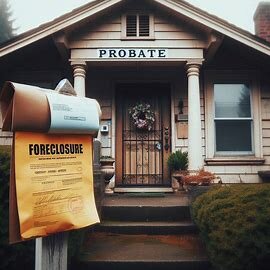 Everett home with overgrown yard, foreclosure notice, and legal documents on the porch