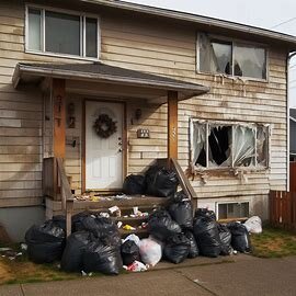 Everett WA rental property with trash in the yard and visible damage to doors and windows