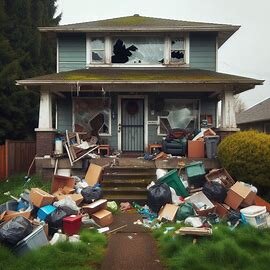 Rental home in Everett WA with a broken window and trash in the yard, showing signs of tenant neglect