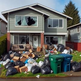 Everett rental house with visible trash in yard and broken blinds in windows, showing signs of tenant neglect