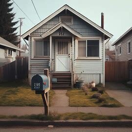 A weathered home in Everett’s Bayside neighborhood with peeling paint and a crooked mailbox